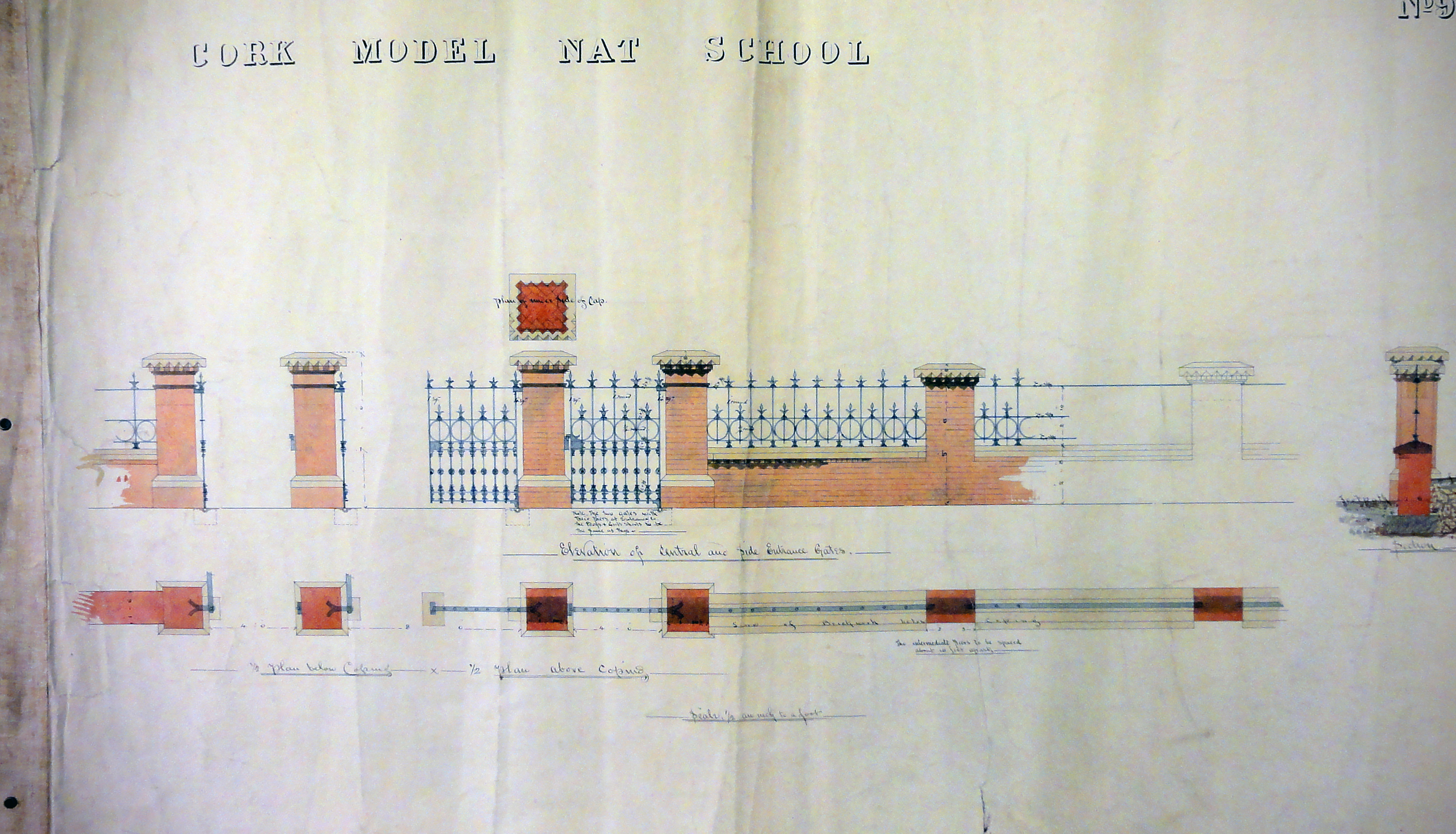 Original Architectural drawings draughted by the Office of Public Works for the enclosing walls of the Model National School in Cork City (c.1865)